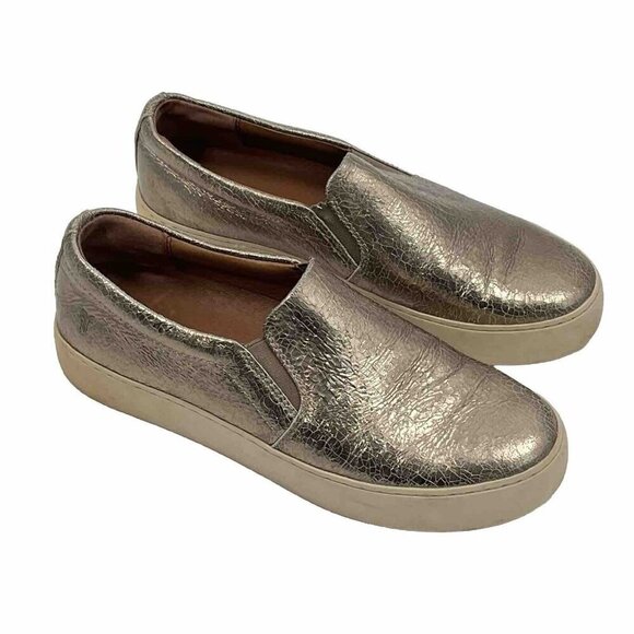 Frye Gold Cracked Leather Lena Slip On Sneakers Sz 7.5 - Picture 1 of 8